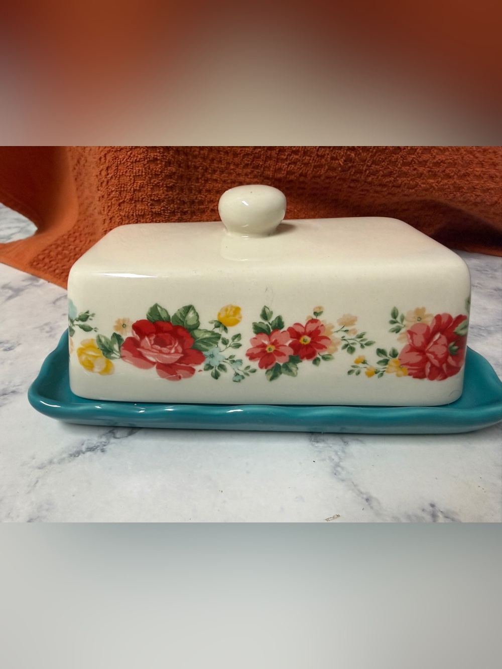 The Pioneer Woman Floral Ceramic Butter Dish in Cream and Teal